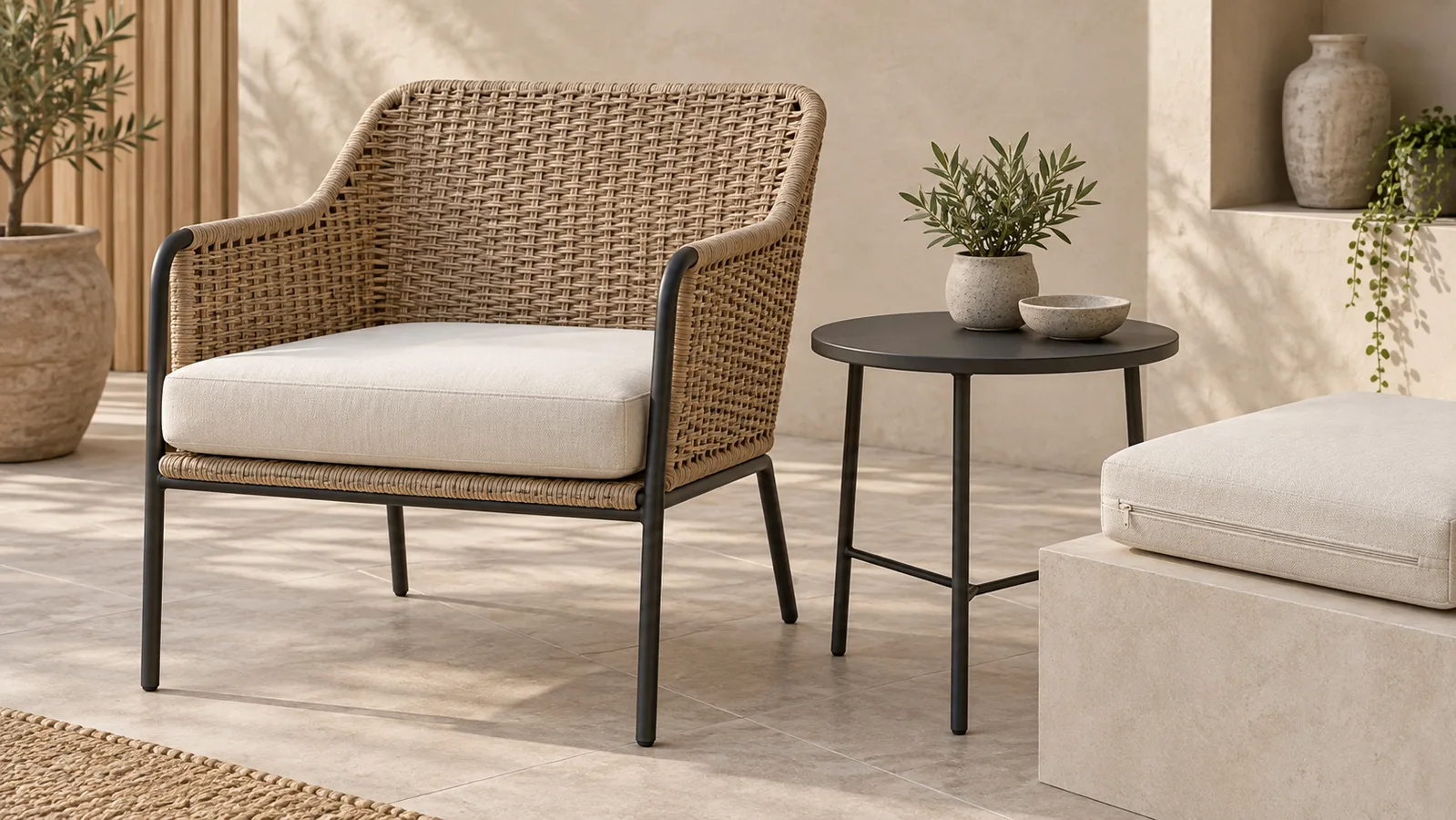 Unbranded woven patio chair and small table with a separate cushion sample