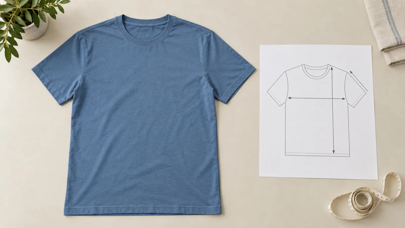 Plain T-shirt laid flat beside a garment measurement sketch