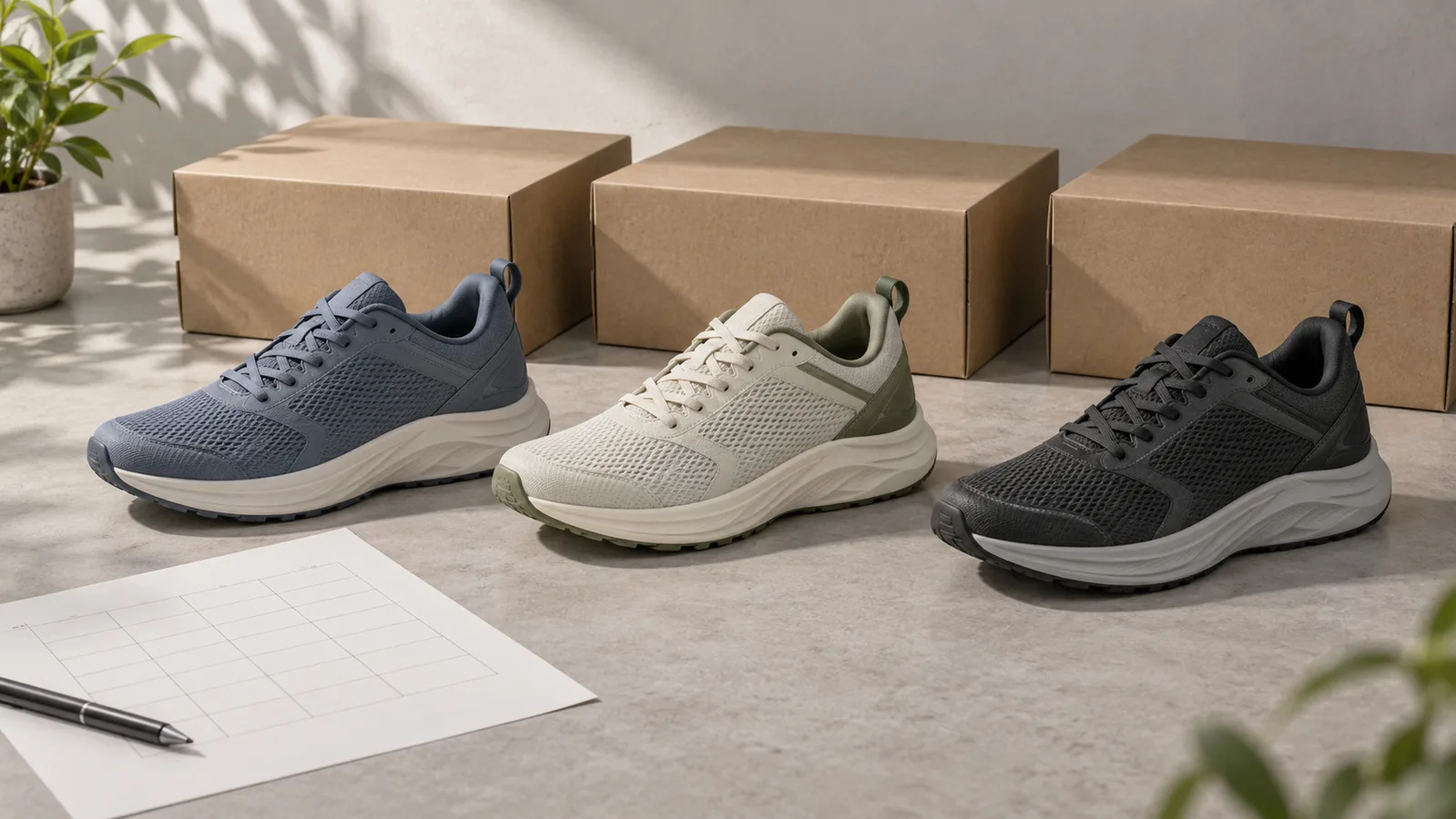 Unbranded running shoe colour samples beside plain shoe boxes