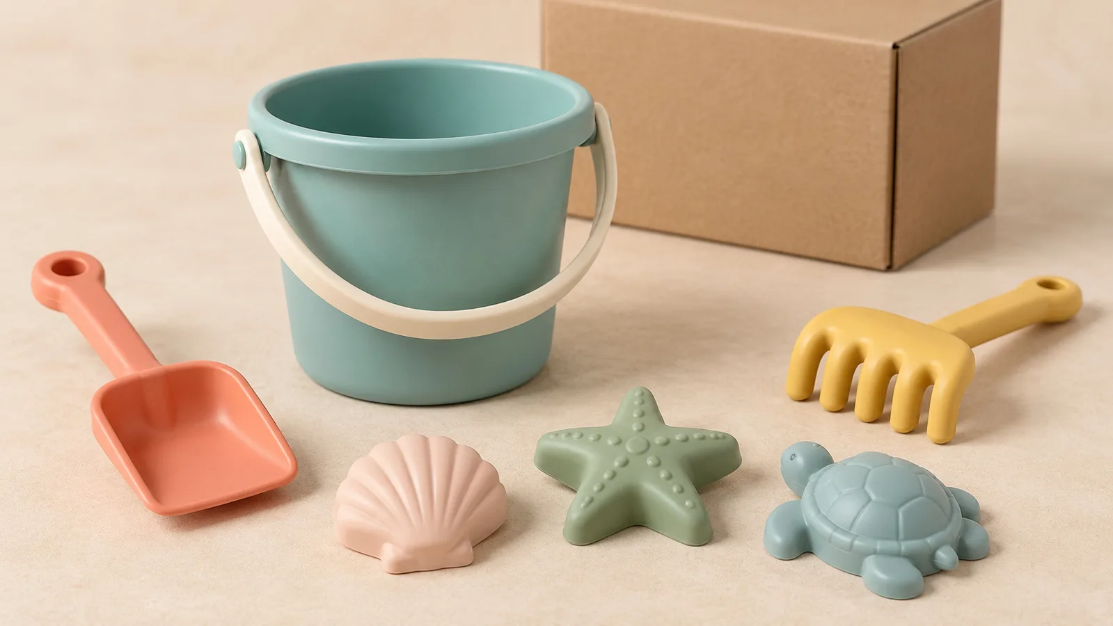 Generic pastel beach toy bucket with a shovel, rake and three sand moulds on a clean studio surface