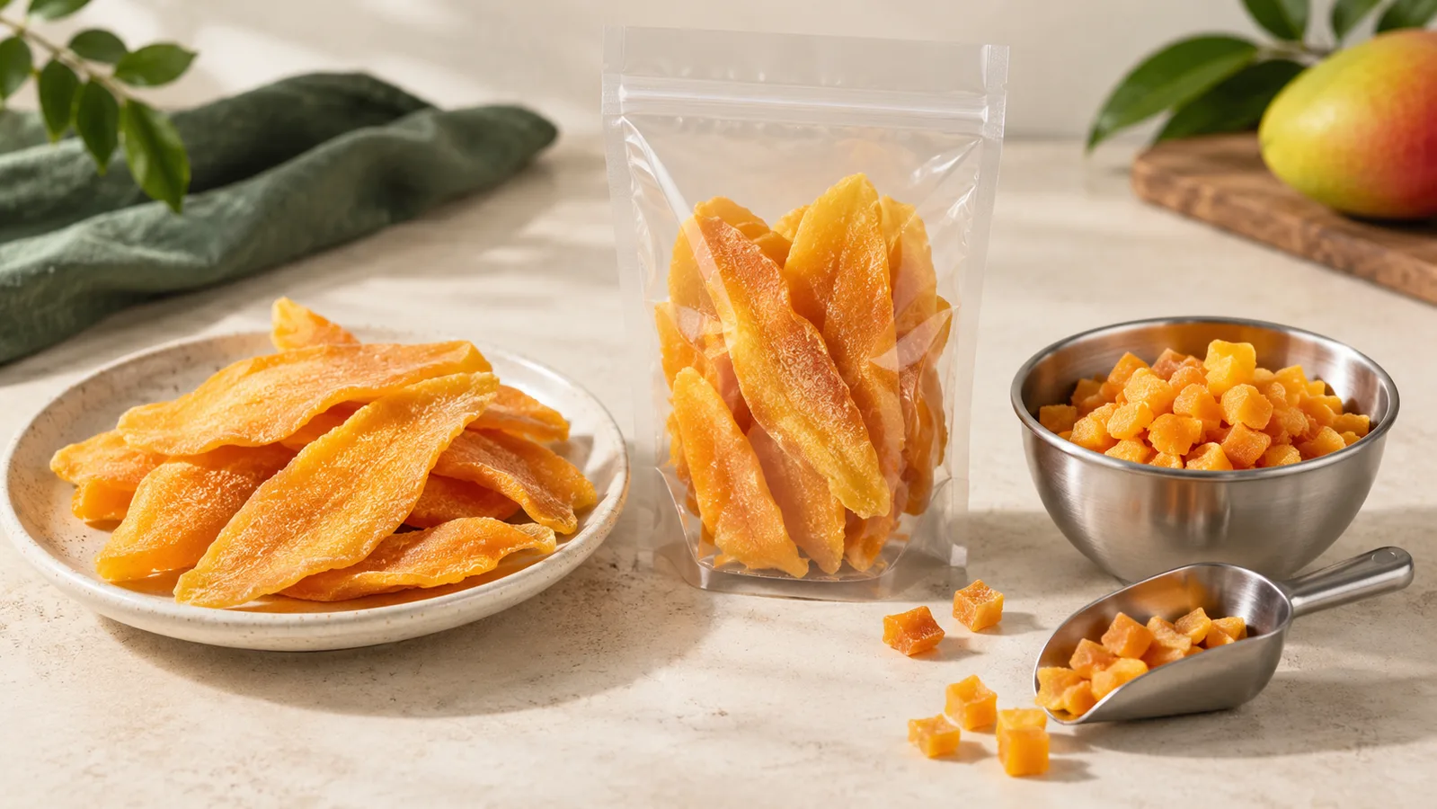 Dried mango slices and diced mango compared as two product specifications