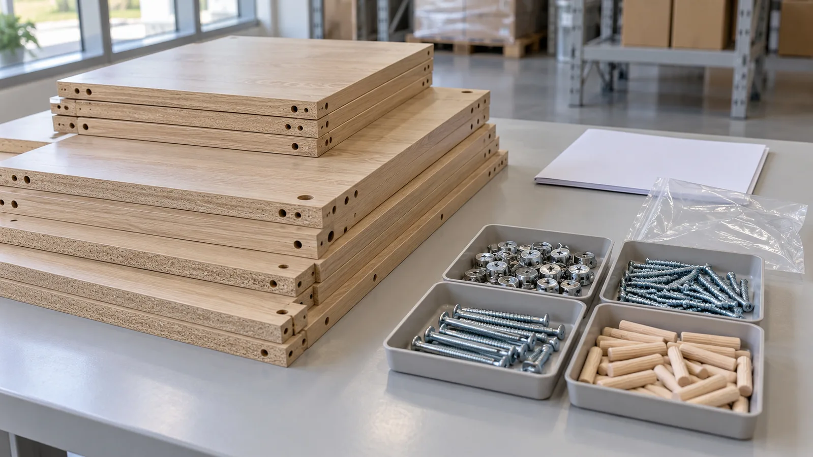 Flat-pack cabinet panels with sorted hardware and a plain instruction folder on an inspection table