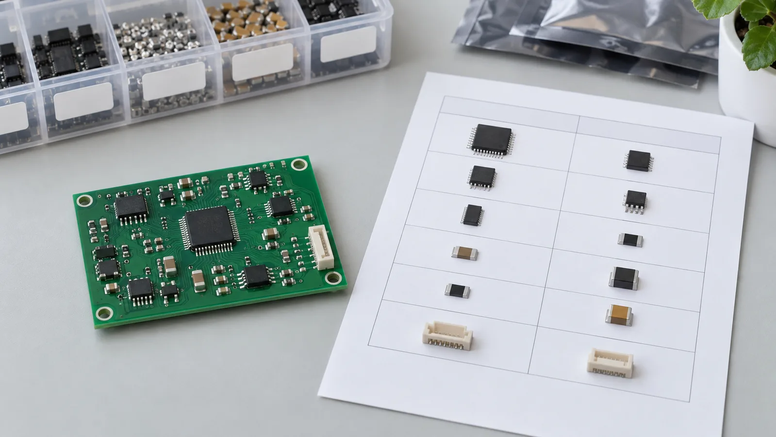 Generic unpowered assembled circuit board beside a blank component comparison sheet