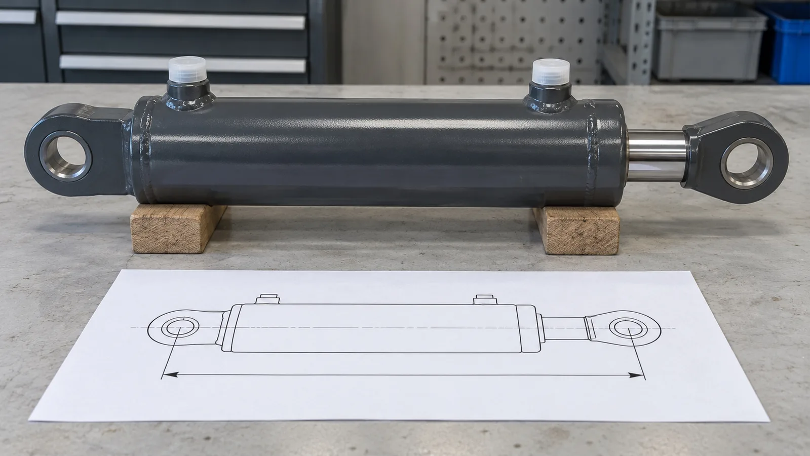 Uninstalled hydraulic cylinder with protected ports beside a schematic mounting drawing