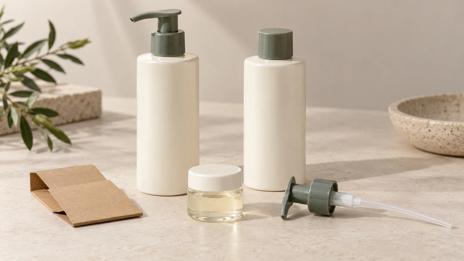 Unbranded shampoo bottle and pump packaging samples beside a capped formula-sample container