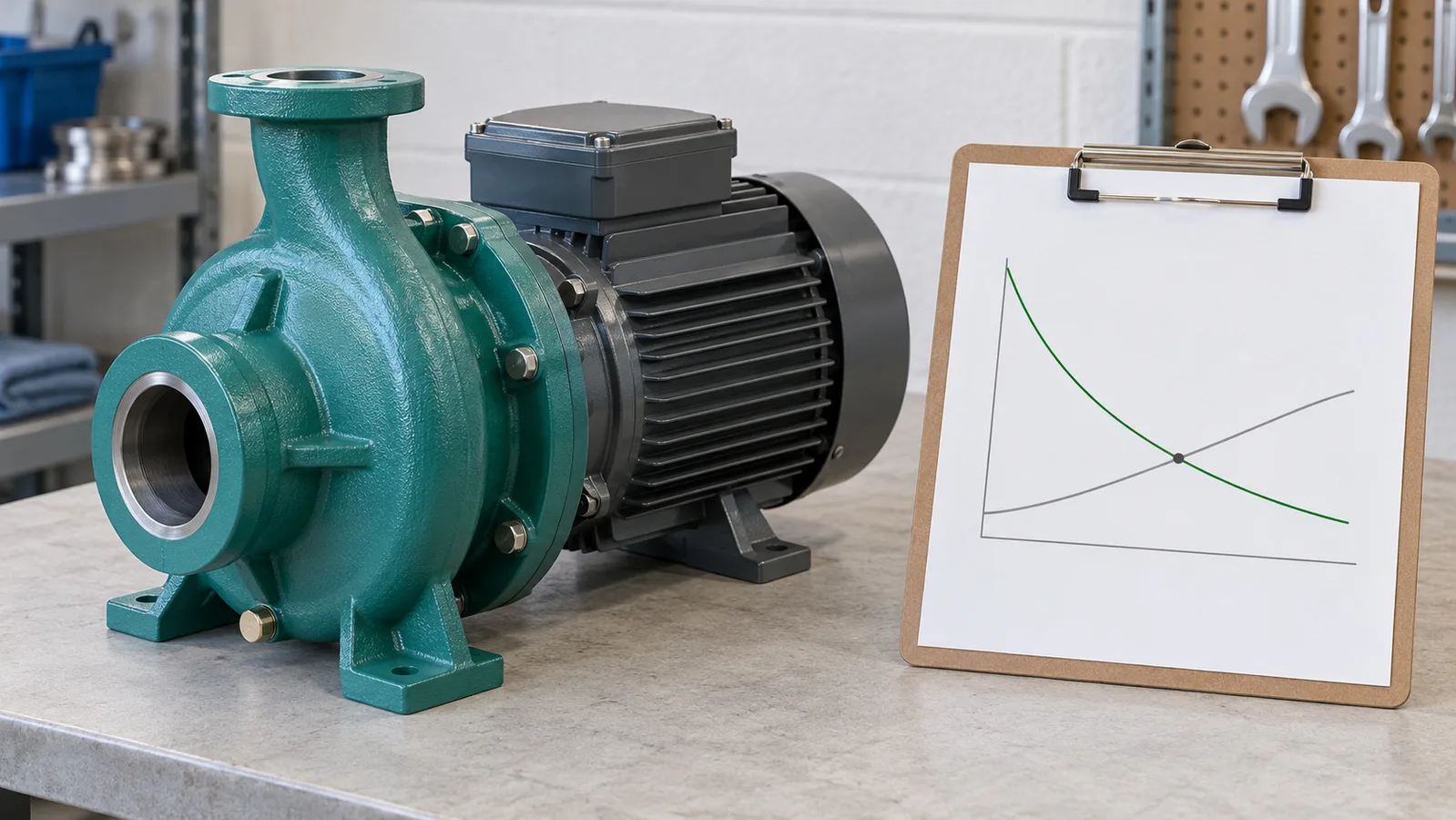 Unbranded centrifugal water pump beside a schematic flow–head graph for illustration