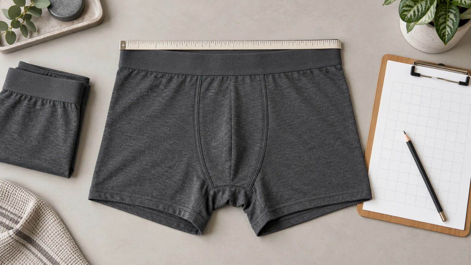 Underwear laid flat beside a measuring tape and a blank measurement record for illustration