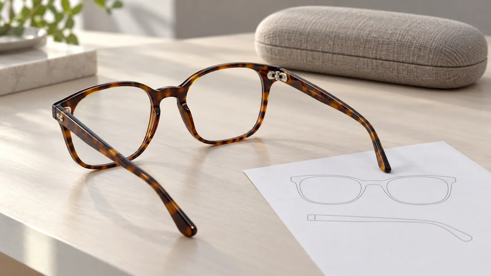 Unbranded tortoiseshell optical frame beside a simple front and side outline on an eyewear worktable