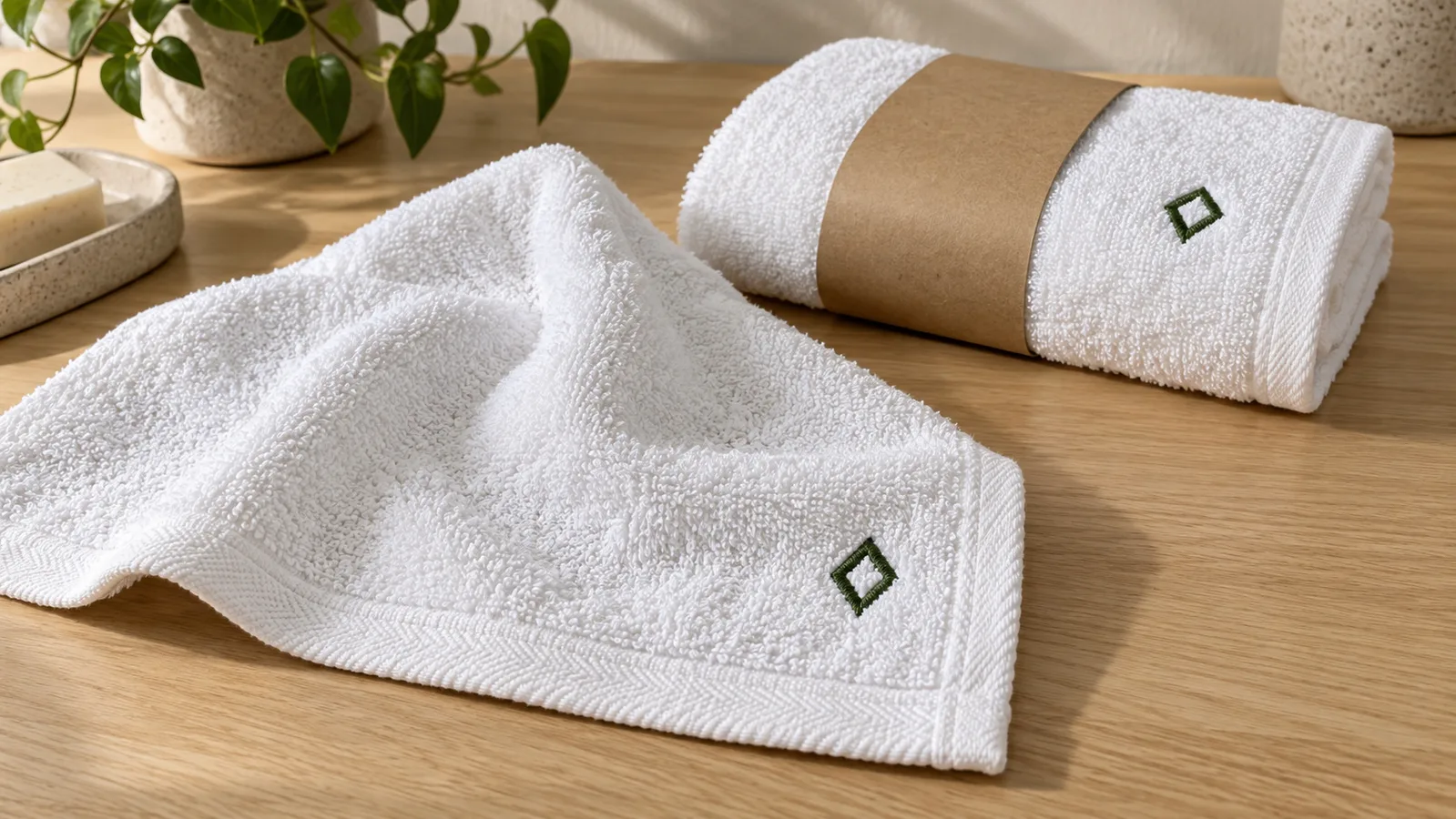 Folded and open white towels with a small green geometric embroidered mark
