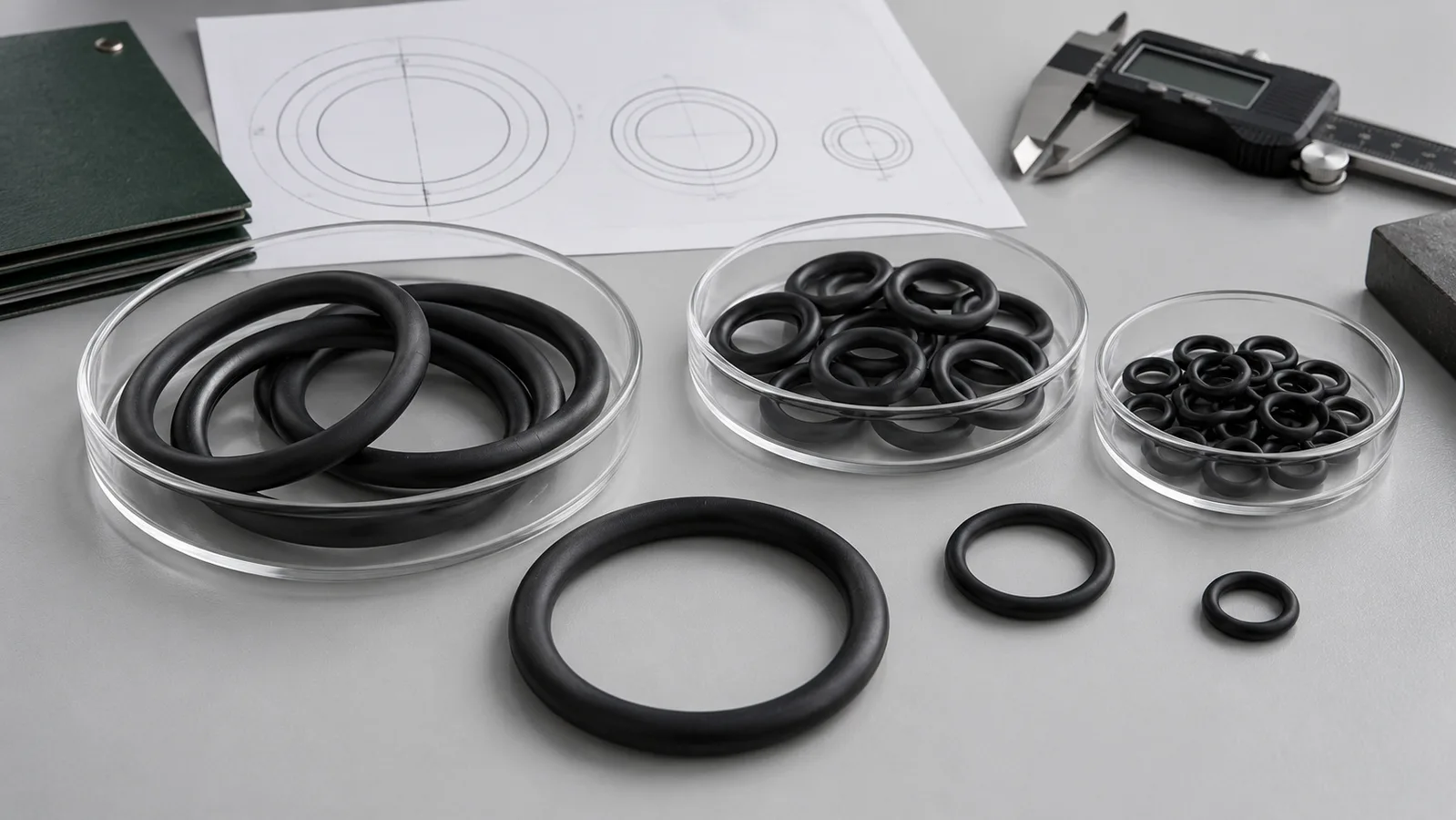 Rubber sealing rings beside a drawing, material sample and clearly separated lot containers