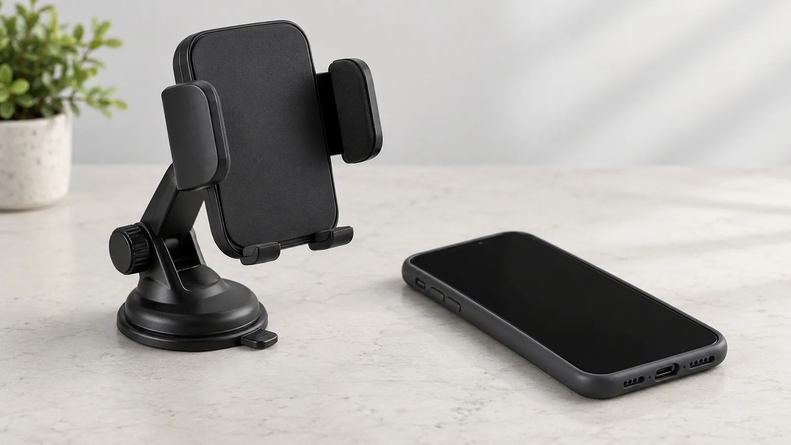 Generic clamp-style phone holder on a neutral sample-review table beside an unbranded cased phone