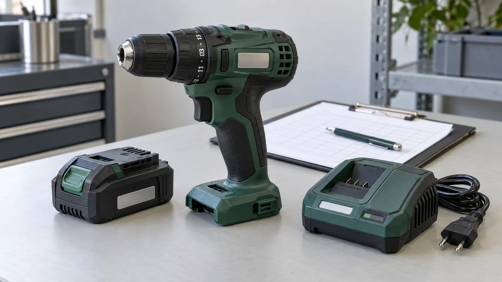 Cordless hand drill, separate battery and unplugged charger beside inspection records