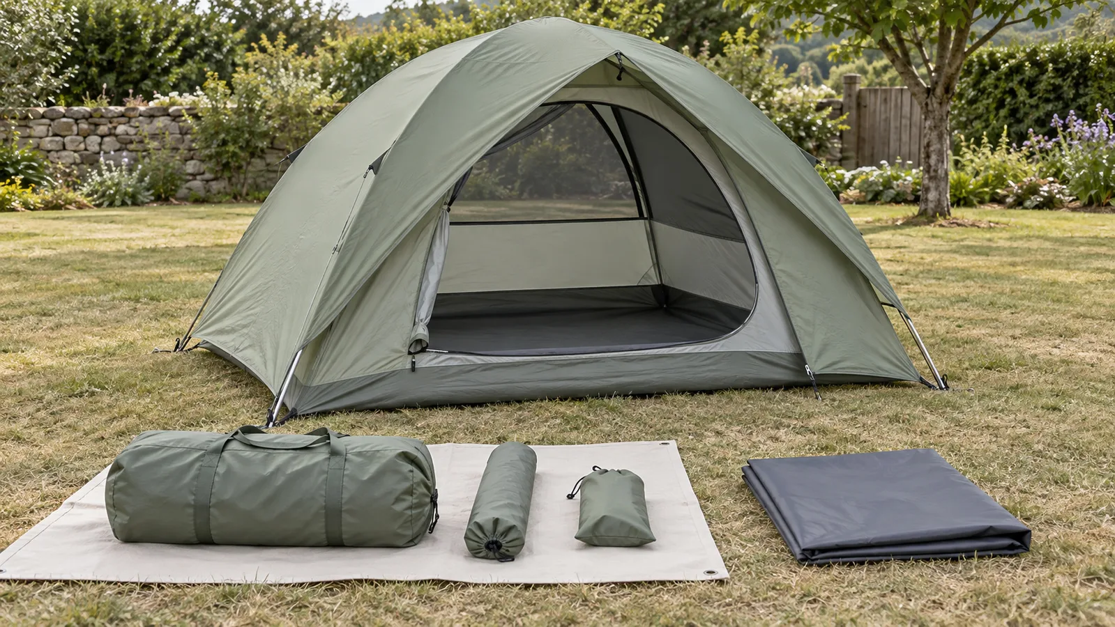 Sage-green dome tent and its neatly arranged carrying bag and accessories