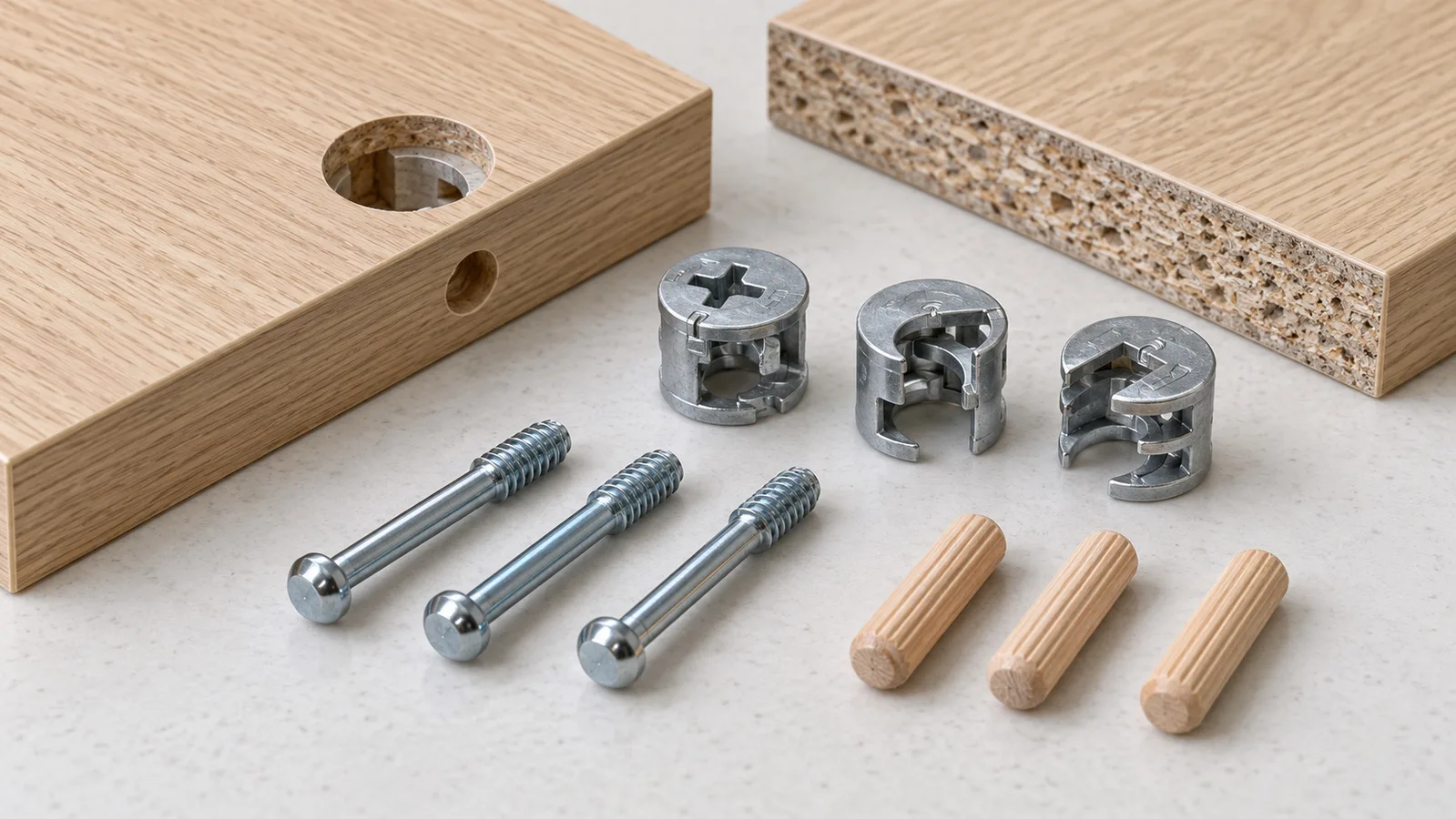 Flat-pack furniture panel joint with a cam connector, mating bolt and separate wooden locating dowels