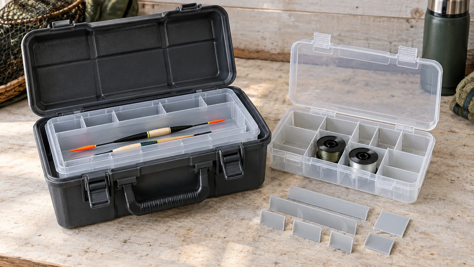 Hard tackle case with removable clear inner boxes and adjustable compartment dividers