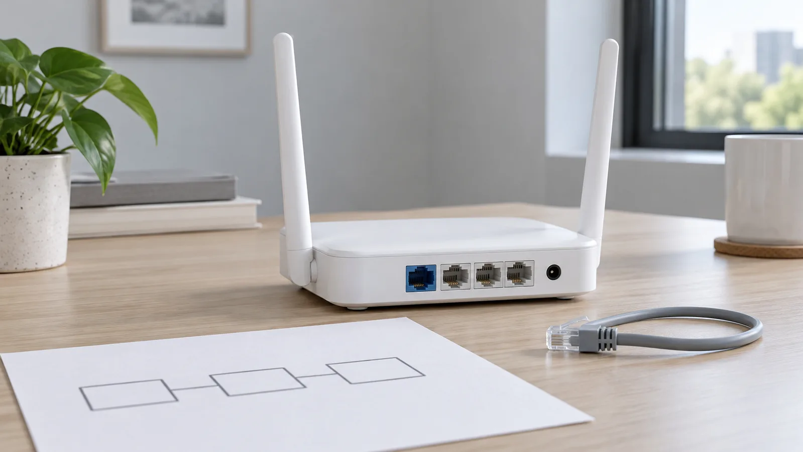 Unbranded white desktop Wi-Fi router with visible rear Ethernet ports beside a simple network sketch