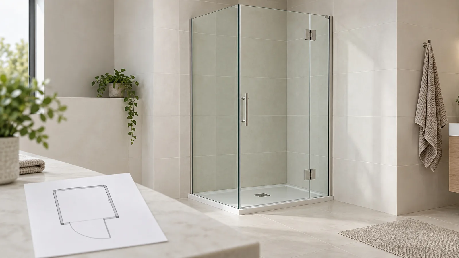 Generic shower enclosure with clear panels and understated metal hardware beside a simple plan drawing