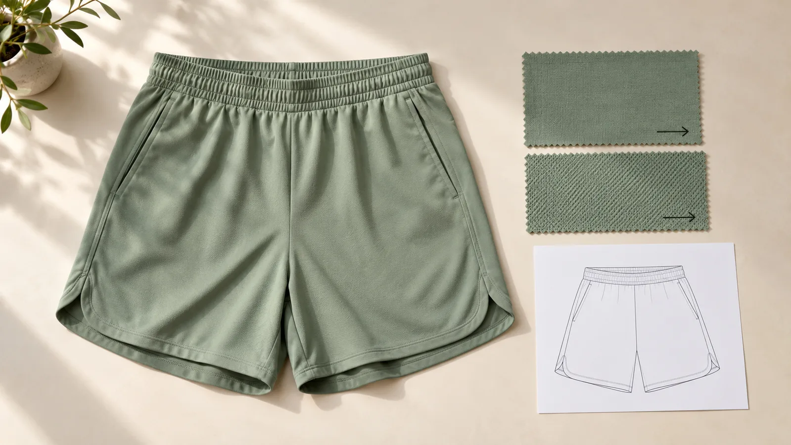 Activewear shorts sample beside marked-direction fabric swatches and a panel sketch