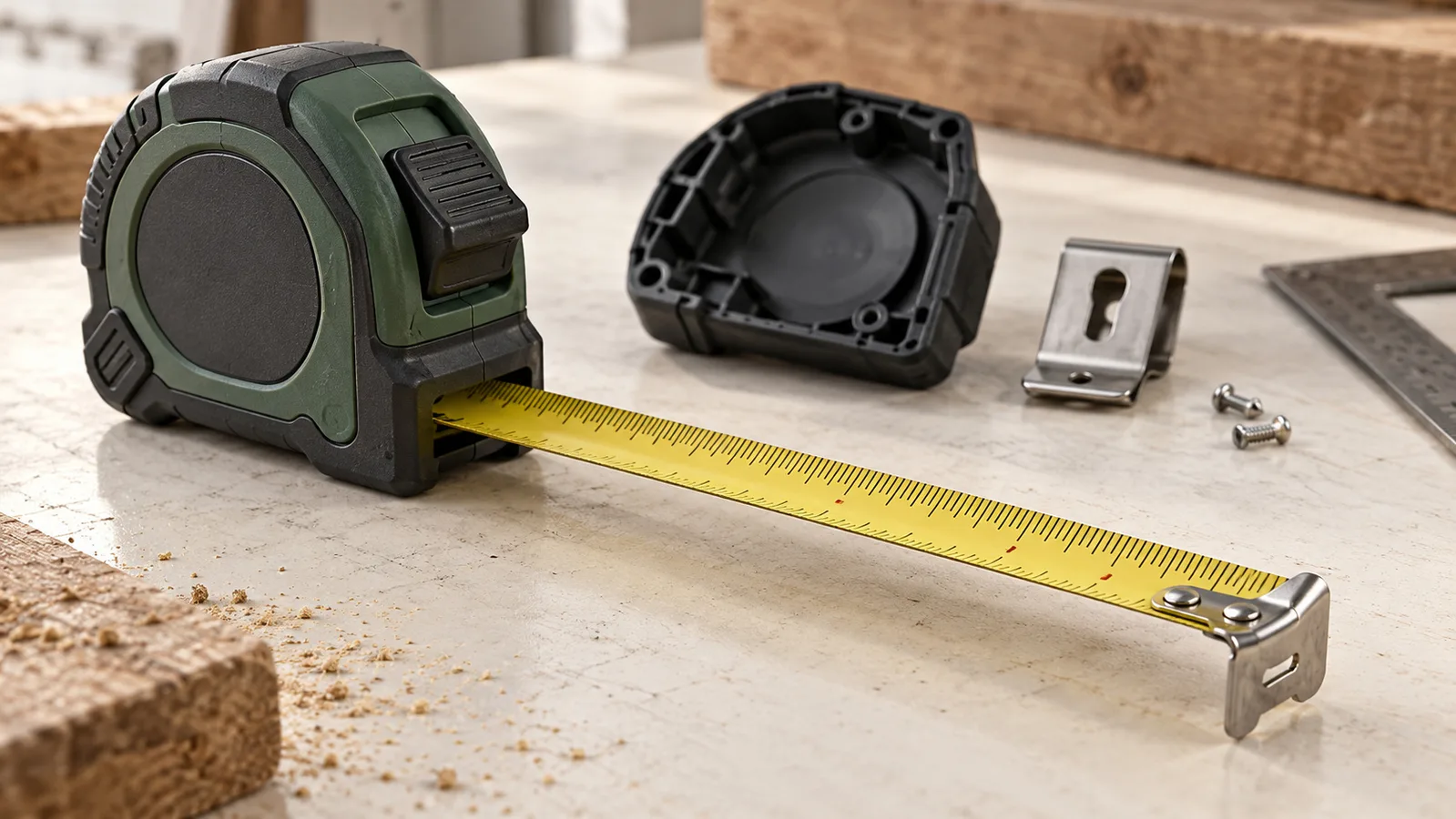 Steel tape measure with close-up floating end hook, curved blade and case components