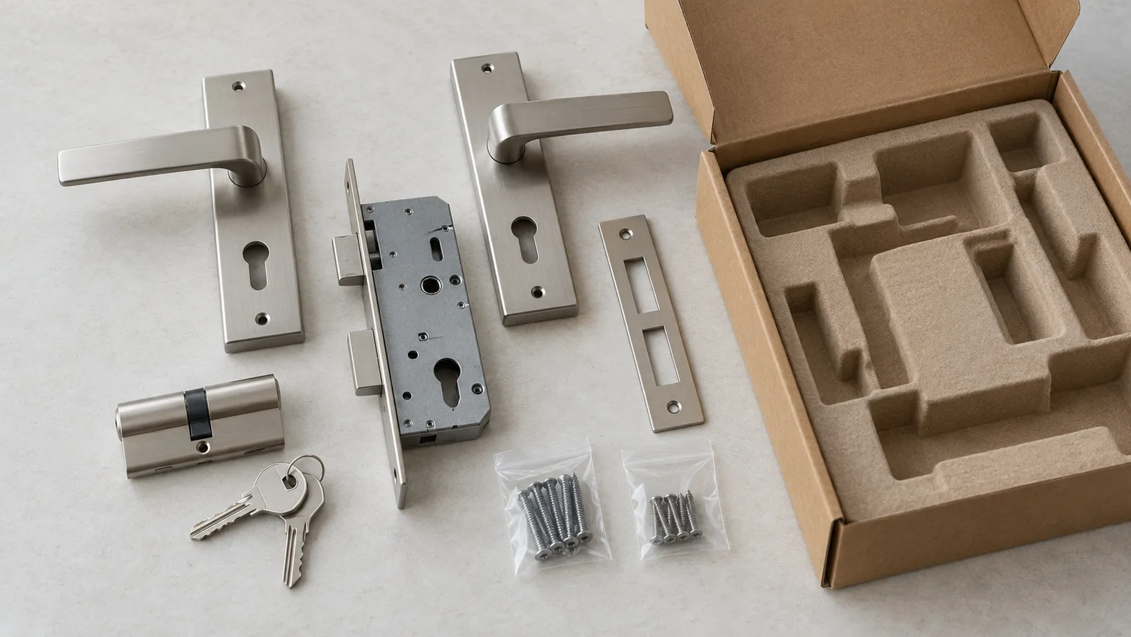 Door lock components laid out beside a plain packing box and separate hardware bags