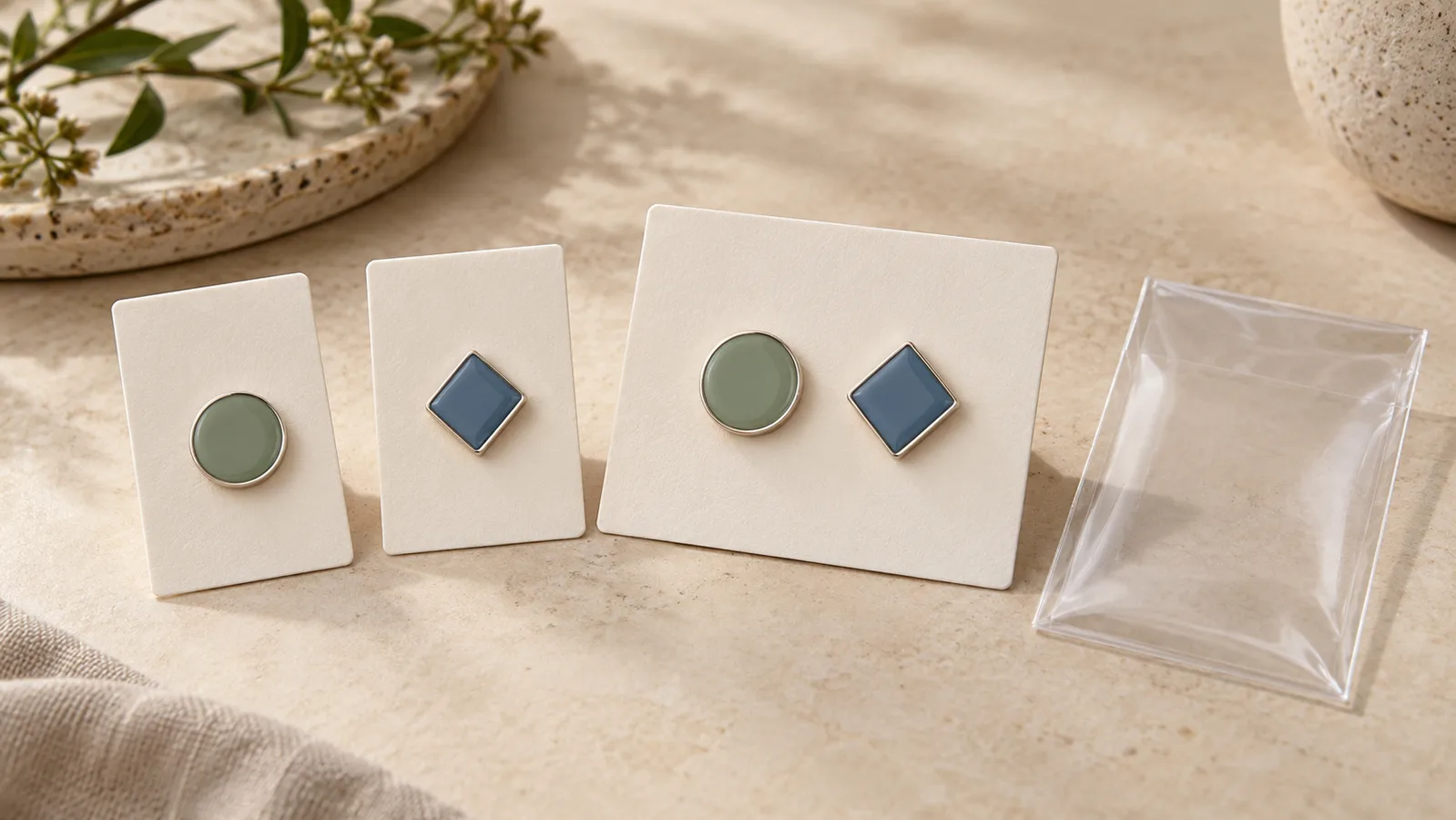 Geometric enamel badges mounted on plain display cards beside a two-badge set