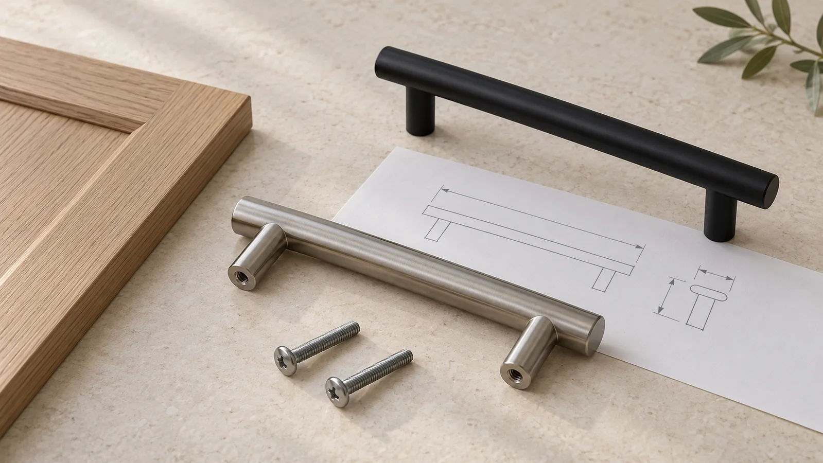 Cabinet pulls with separate fixing screws and a dimension drawing