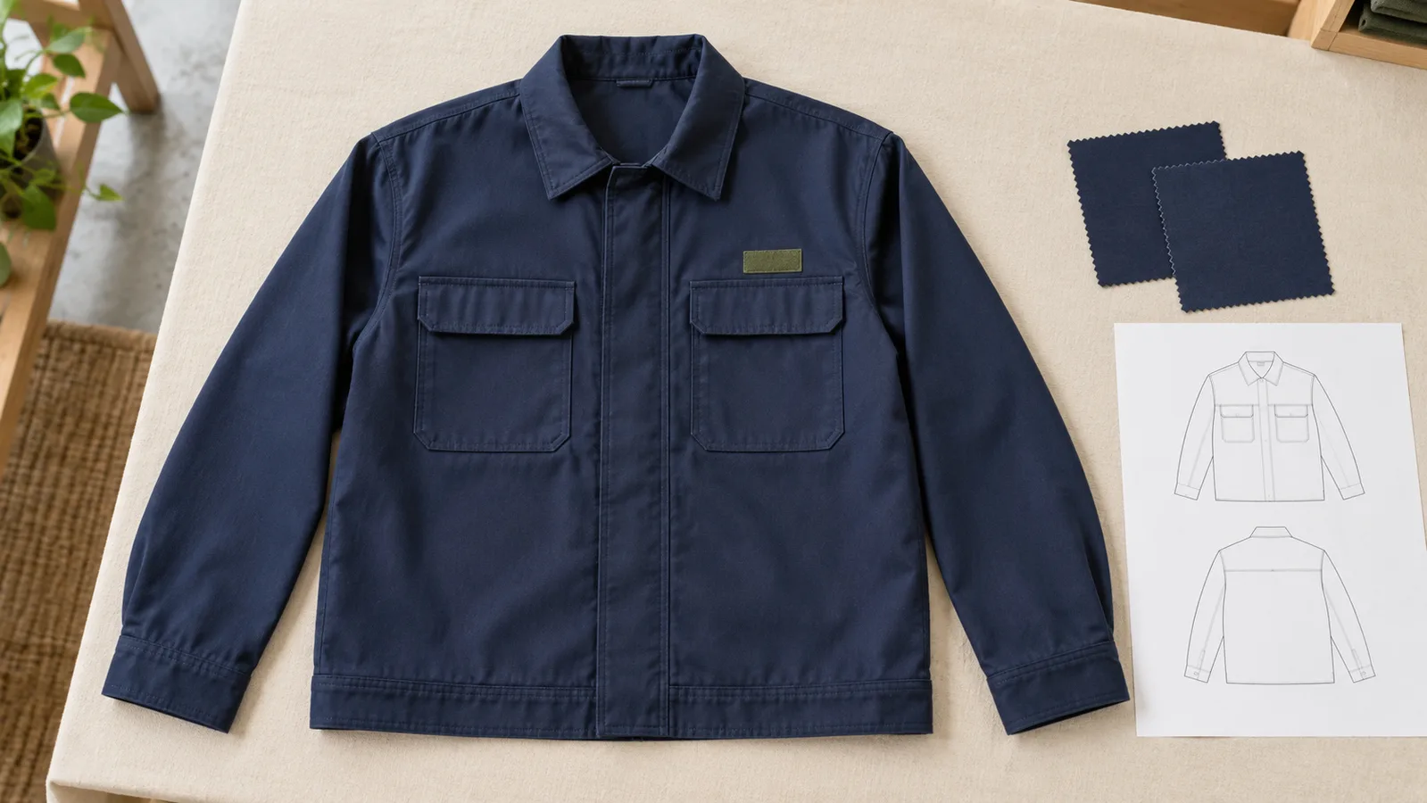 Ordinary workwear jacket sample with visible pocket details beside textile swatches