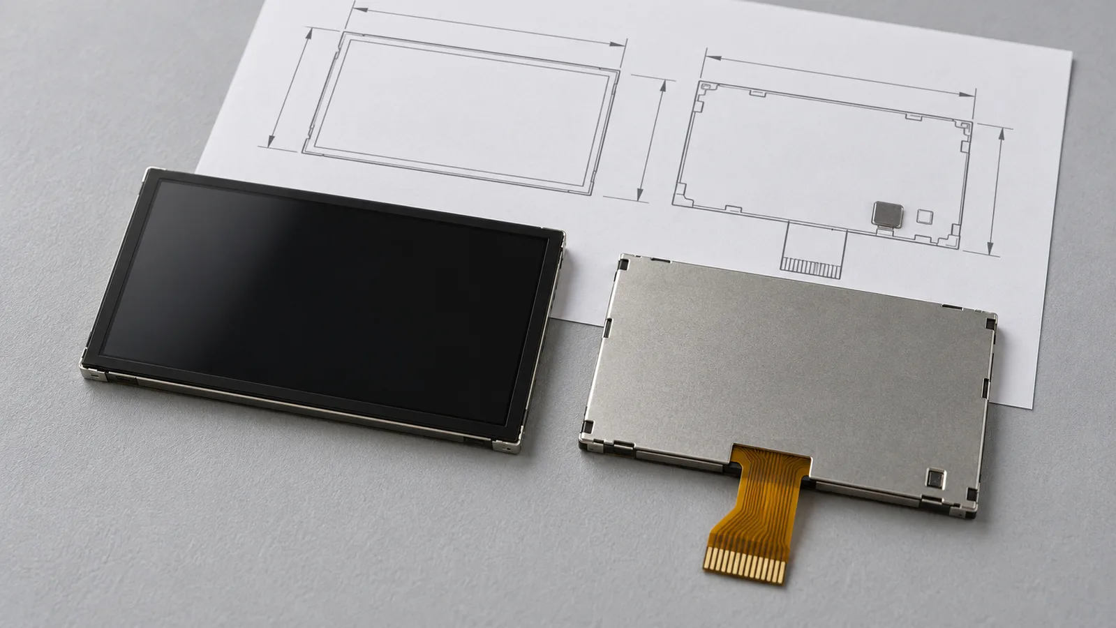 Unpowered display modules shown from the front and rear beside a plain technical drawing
