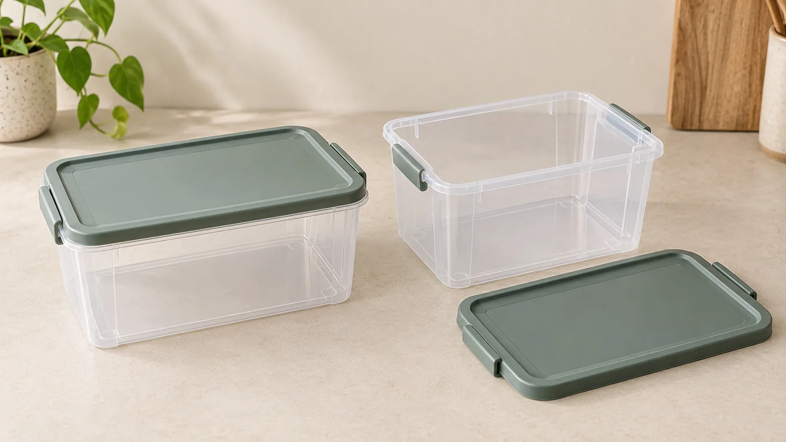 Plastic storage boxes shown with a closed lid and an open interior