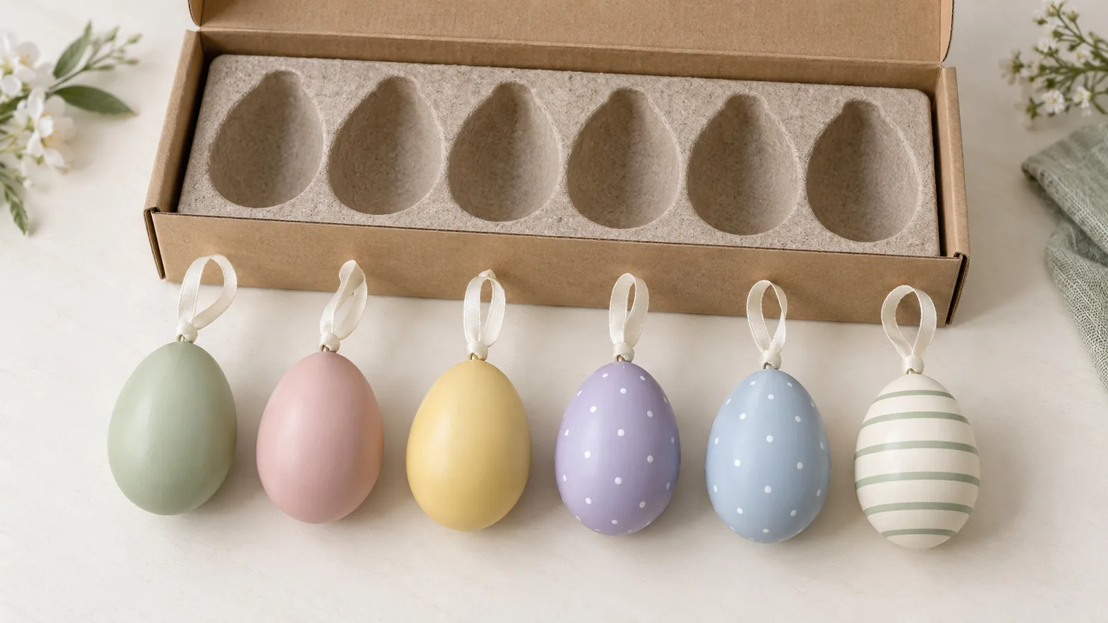 Pastel Easter egg hanging ornaments arranged beside their compartmented retail packing tray