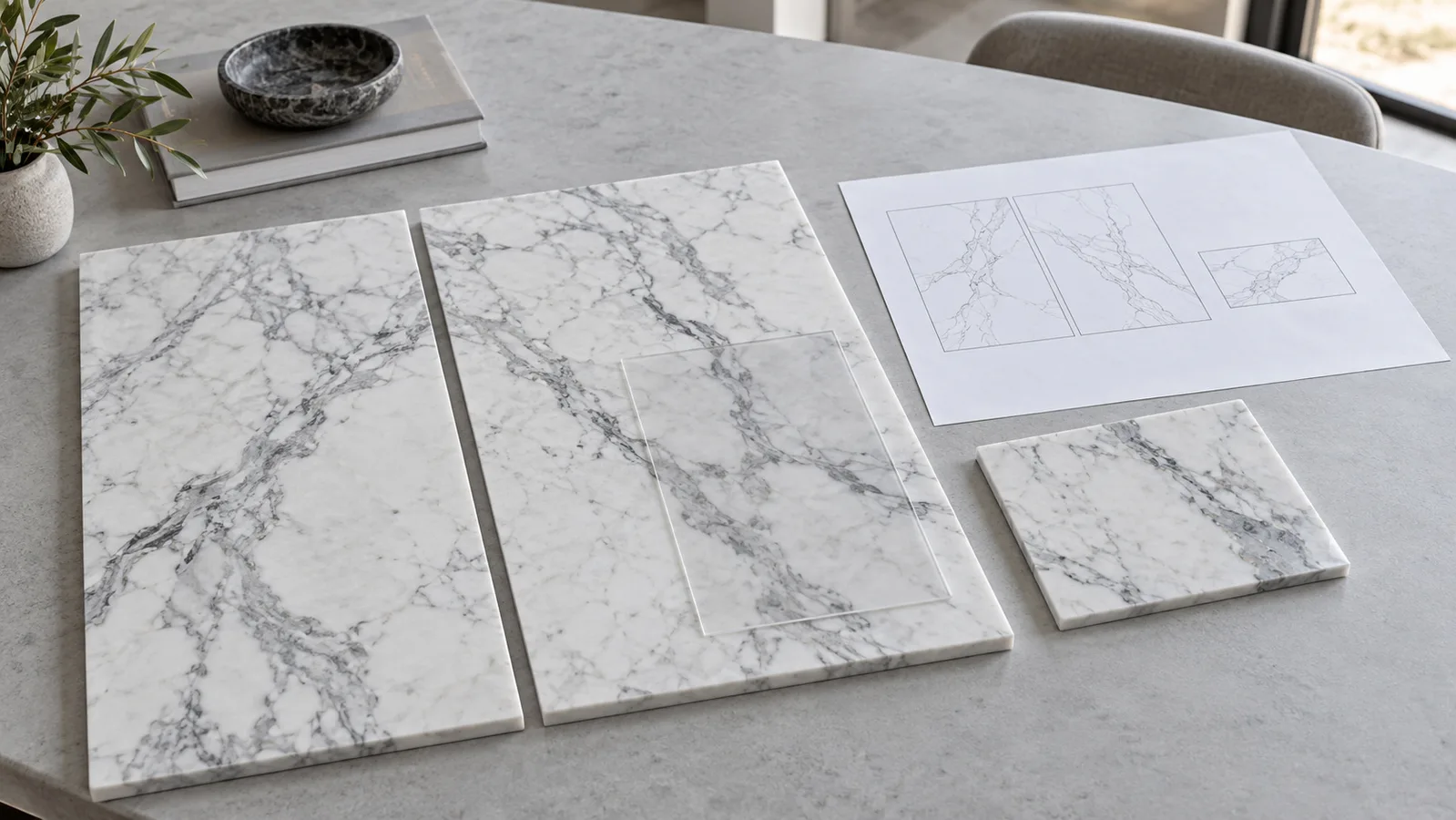 Marble samples and a schematic piece-layout sheet illustrating visual slab selection
