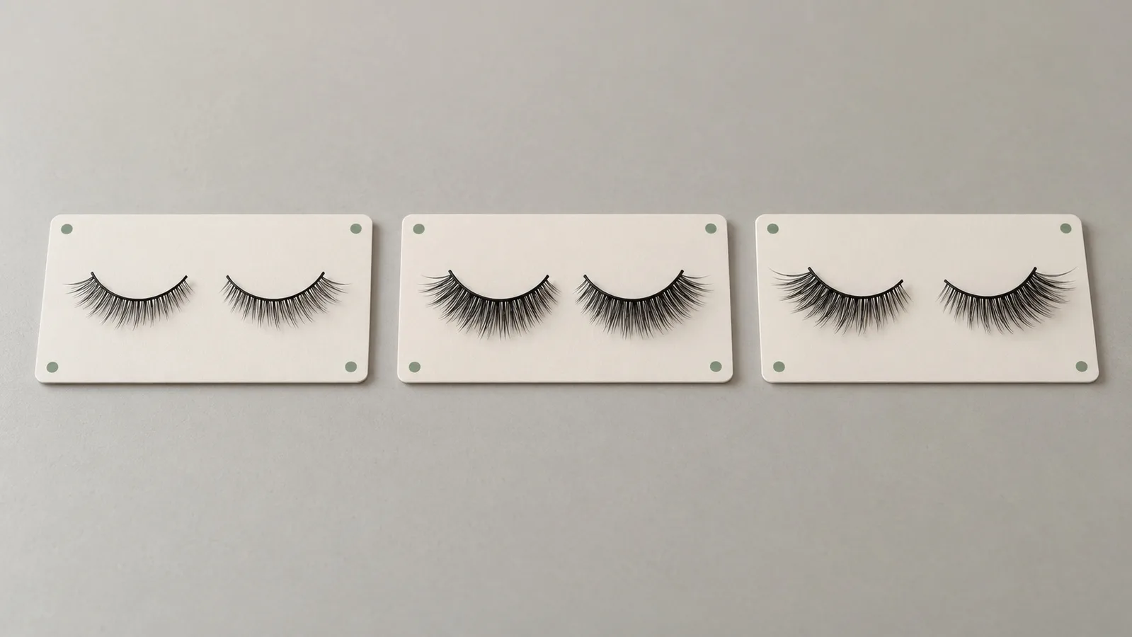 Three labelled samples of strip false eyelashes arranged for side-by-side shape comparison