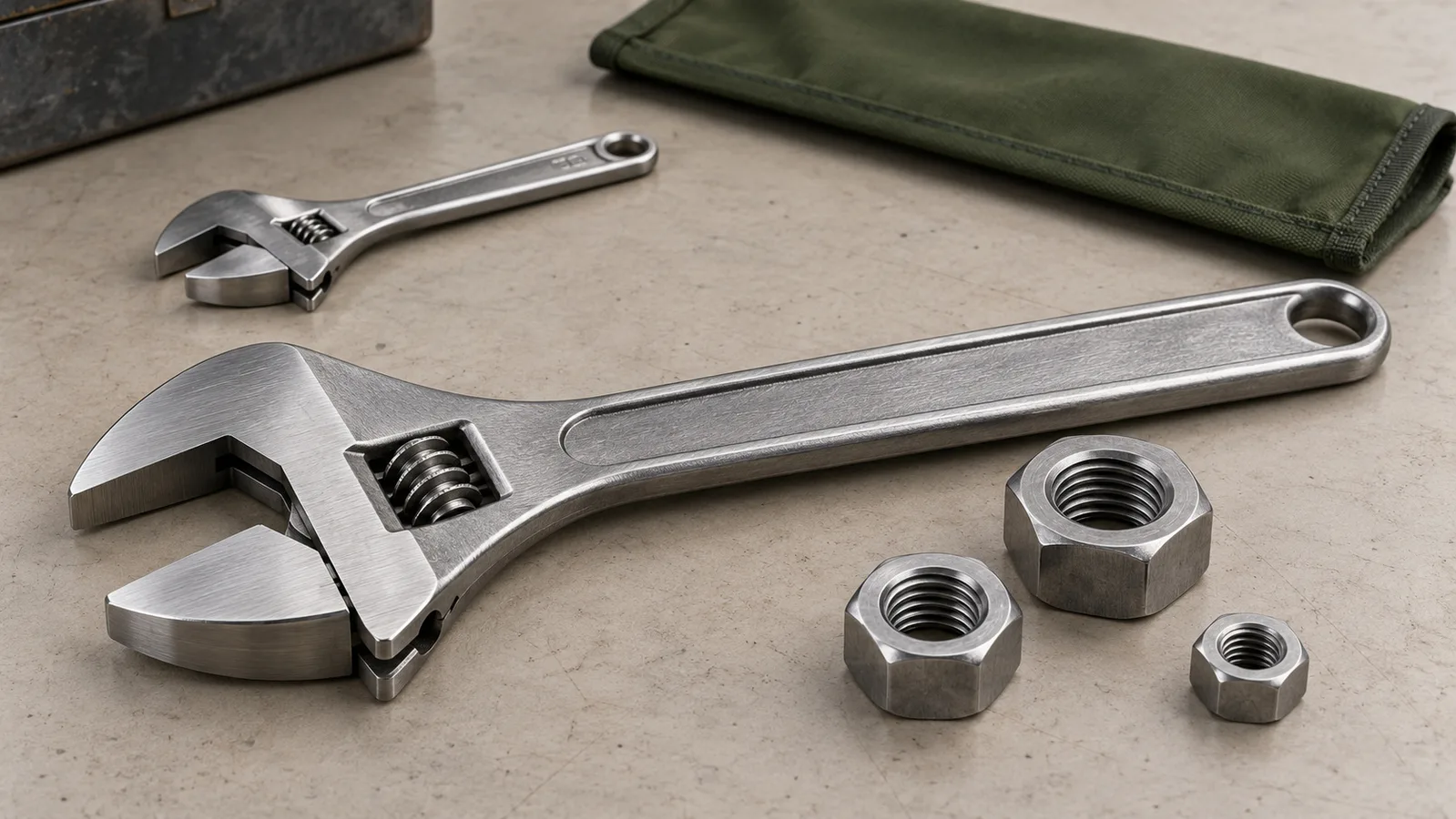 Unbranded adjustable wrench with jaw opening and head-clearance reference parts
