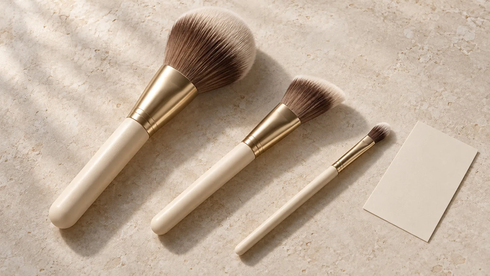 Three unbranded makeup brushes with cream handles and gold-coloured ferrules on a pale studio surface